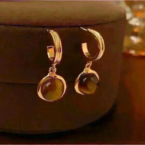 New Tiger's Eye Hoop Earrings with 10k Gold Closer